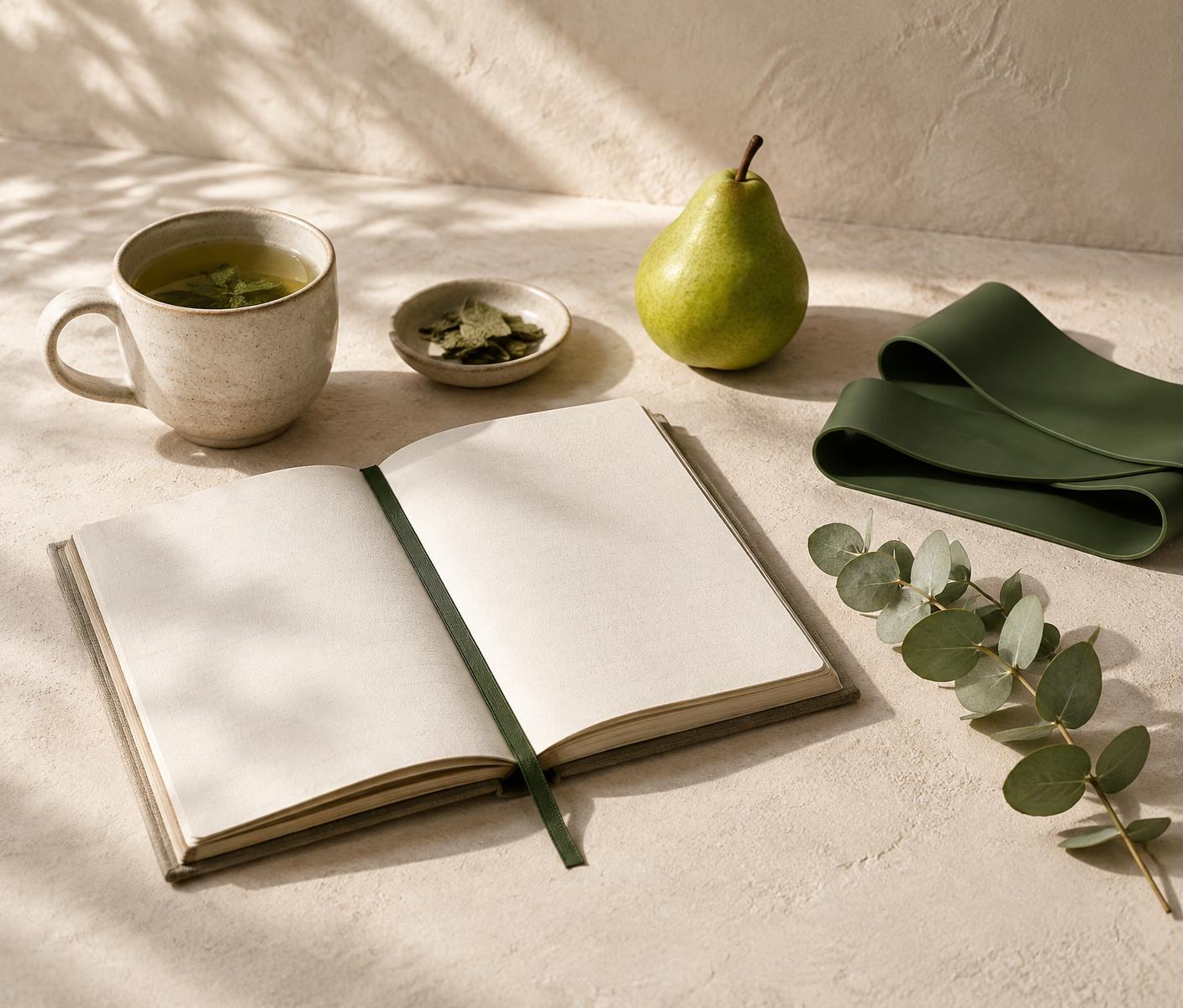 Open journal, herbal tea, pear and movement band in warm morning light